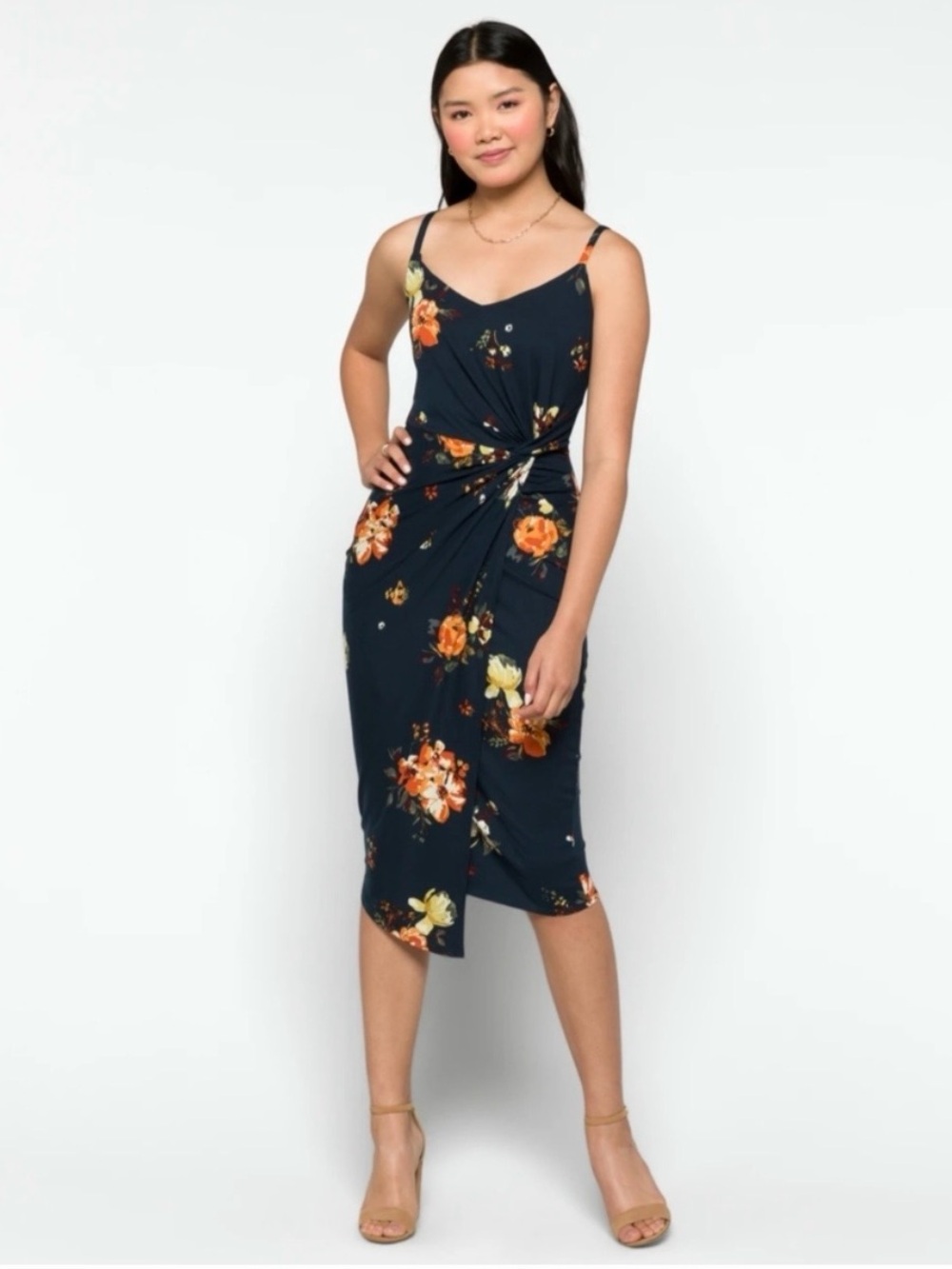 nine britton Navy Floral Twist-Waist Midi Dress with Orange Accents